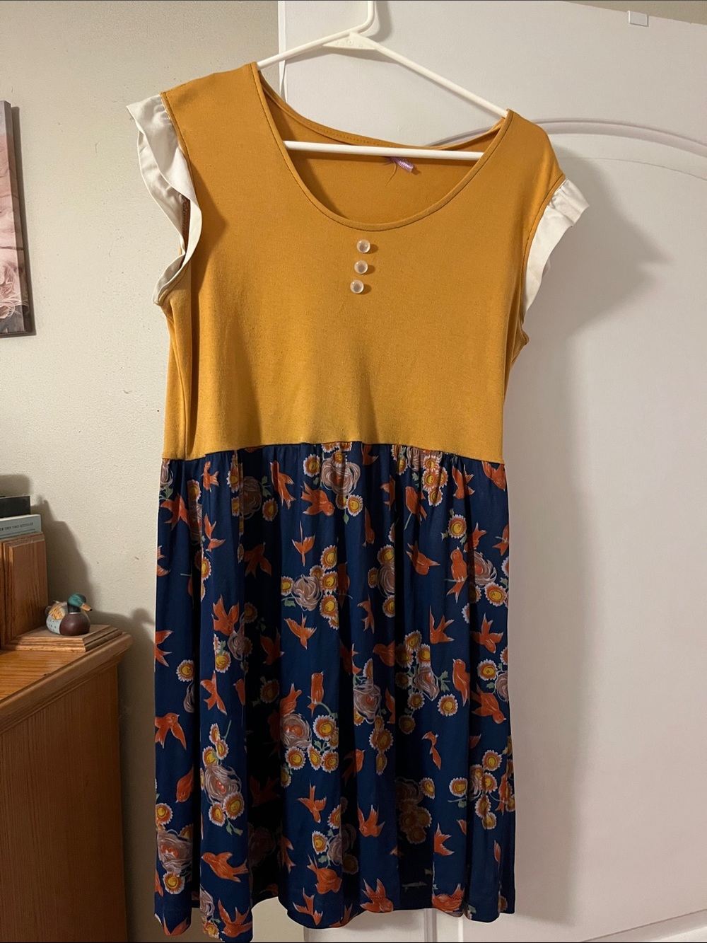 Women’s Mustard & Navy Floral Mini Dress with Button Detail